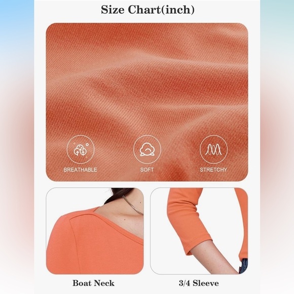 NEW 3/4 Length Sleeve Shirts Boat Neck Slim Fit Casual T-Shirts Basic Tees - Picture 5 of 7